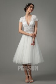 Sandra: Vintage Tea length wedding dress with pleated tulle skirt & lace top