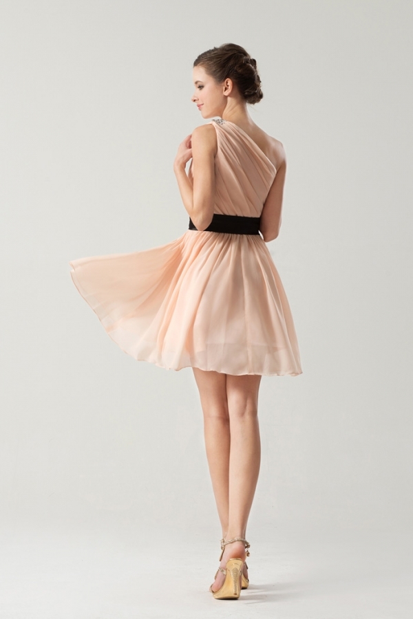 Short One shoulder Empire Sash Ruching Pink Formal Bridesmaid Dress