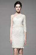 White Lace Mini Gown in one shoulder design with buttons