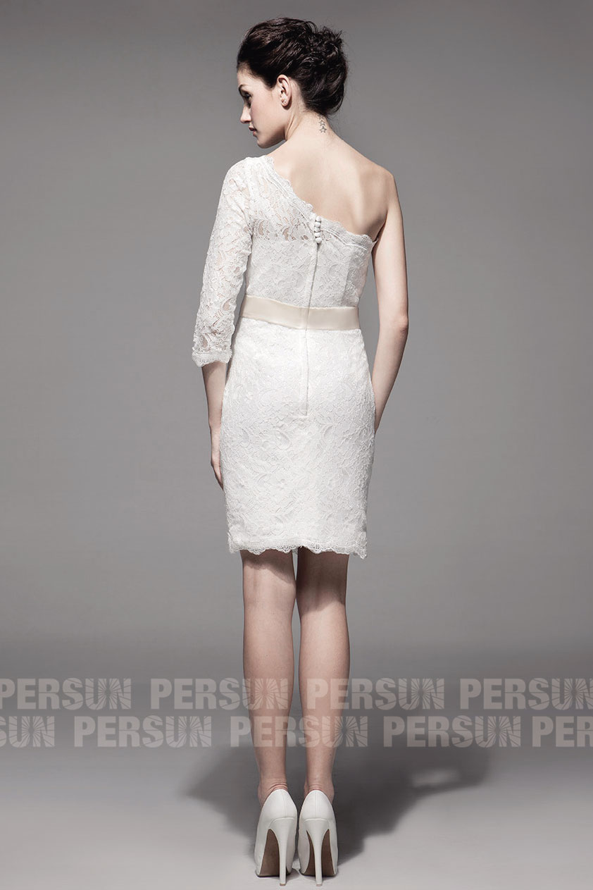  White Lace Mini dress in one shoulder design with buttons back details