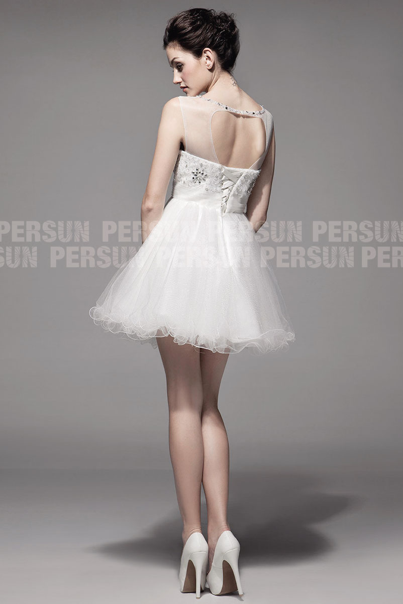  Cute Sheer Beading Tulle Dress for Brides back design