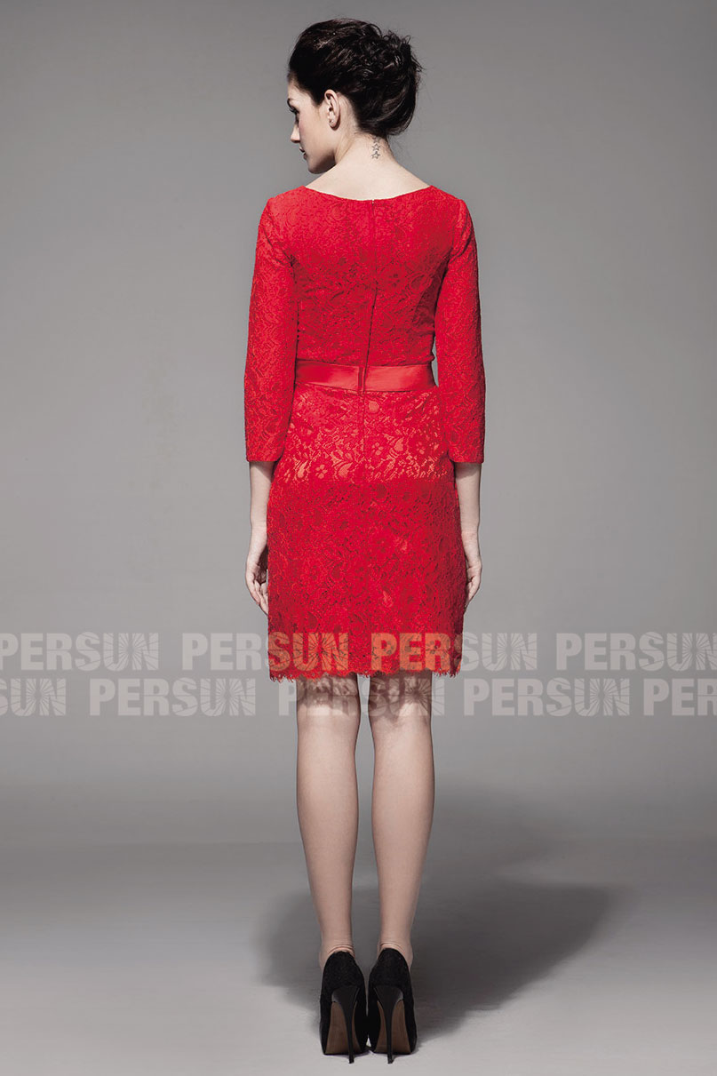  red short lace bridesmaid dress with long sleeves