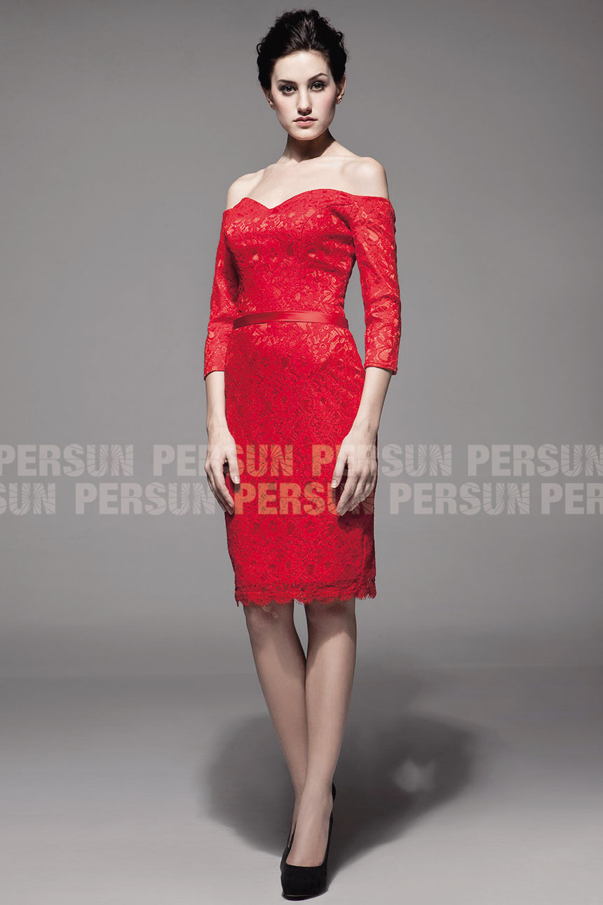  red vintage off shoulder knee length sheath bridesmaid dress