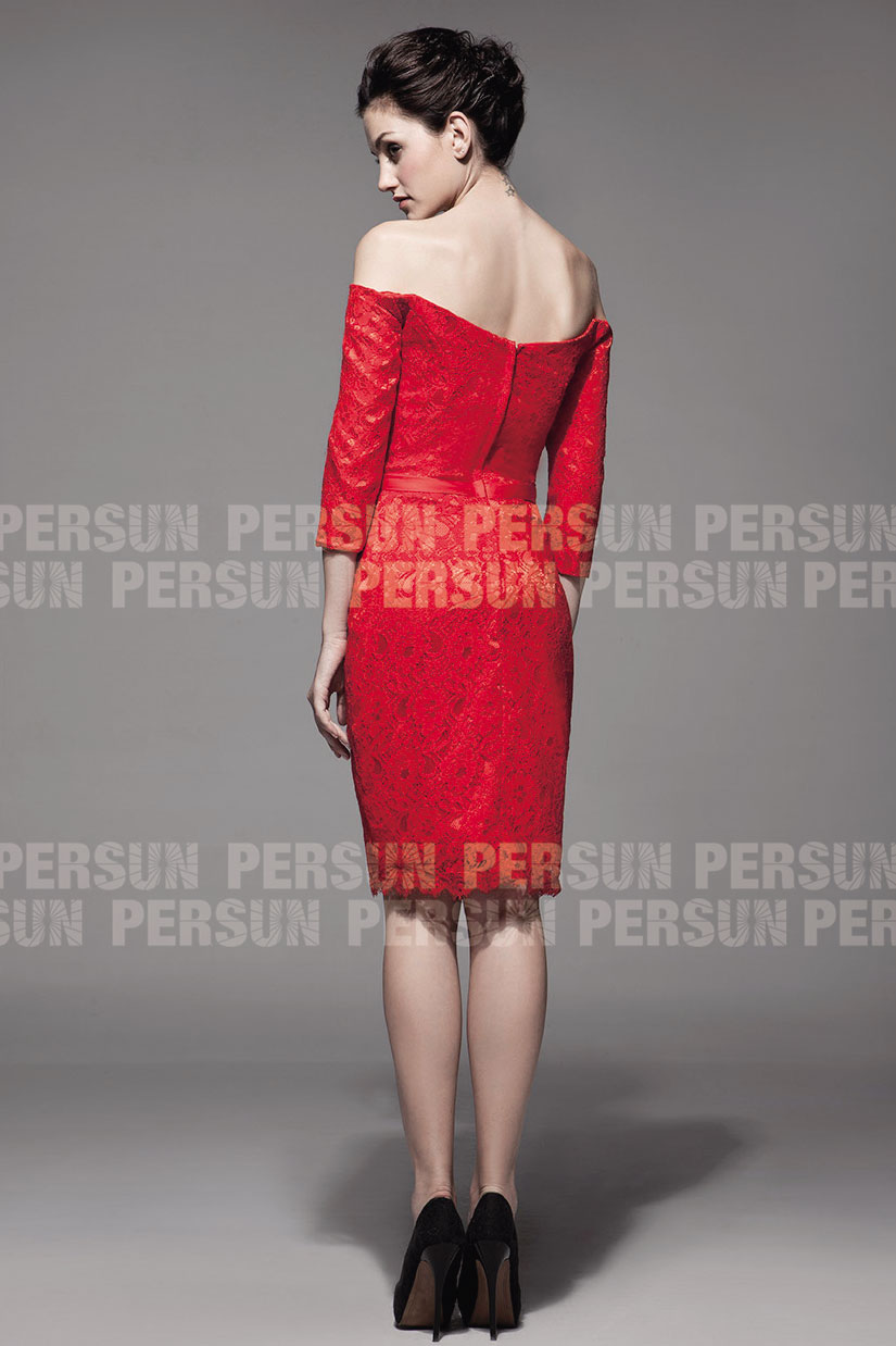 red vintage off shoulder knee length bridesmaid dress back design
