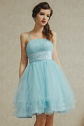 Chic Blue Tulle Knee Length A Line Ruching Bridesmaid Dress