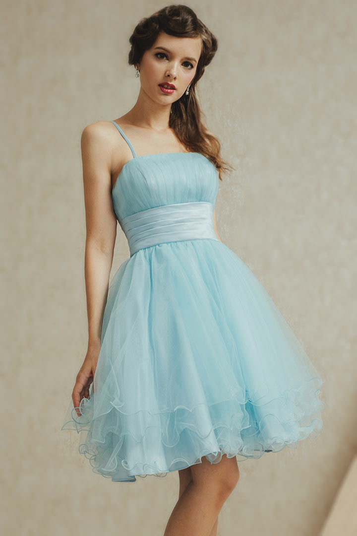 Chic Blue Tulle Knee Length A Line Ruching Formal Bridesmaid Dress