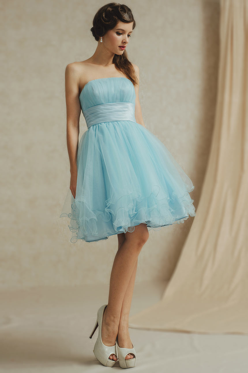 Chic Blue Tulle Knee Length A Line Ruching Formal Bridesmaid Dress