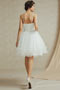 Modern White Tulle Knee Length Spaghetti Straps Sash Formal Bridesmaid Dress