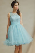 Chic Blue Scoop A Line Knee Length Tulle Bridesmaid Dress