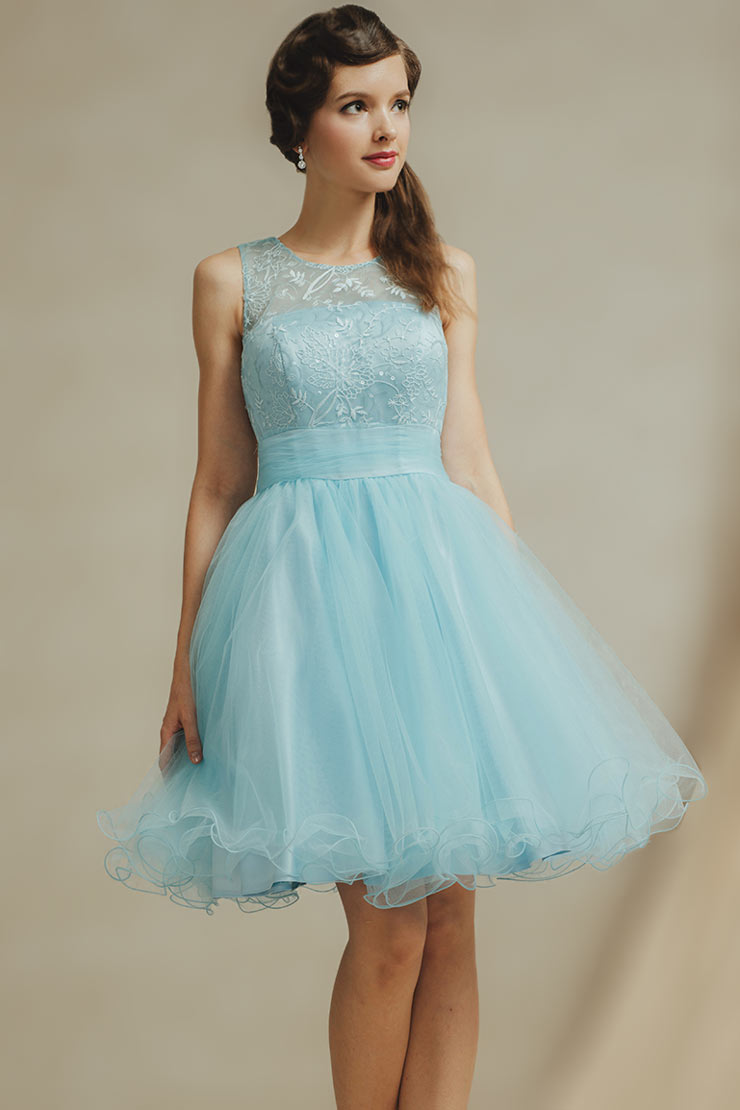 Chic Blue Scoop A Line Knee Length Tulle Formal Bridesmaid Dress