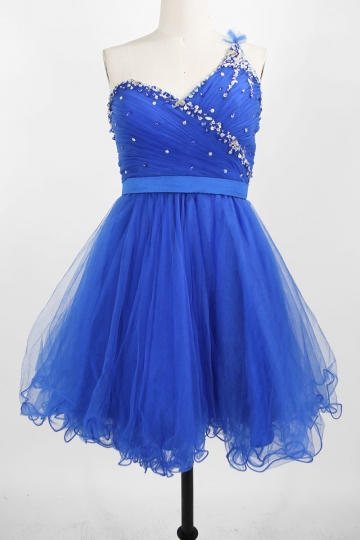 Dressesmall Beading One Shoulder Tulle Short Blue Cocktail Dress