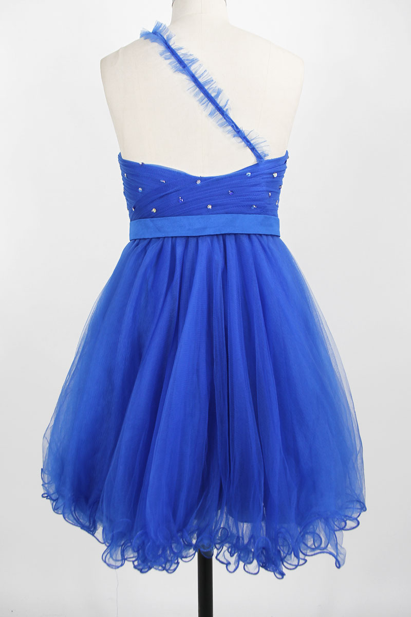 Beading One Shoulder Tulle Short Blue Cocktail Dress