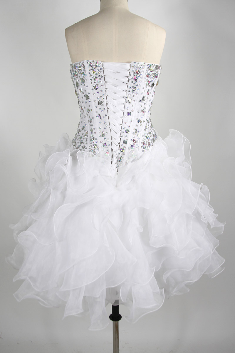 Beading Ruffles Strapless Organza Short White Cocktail Dress