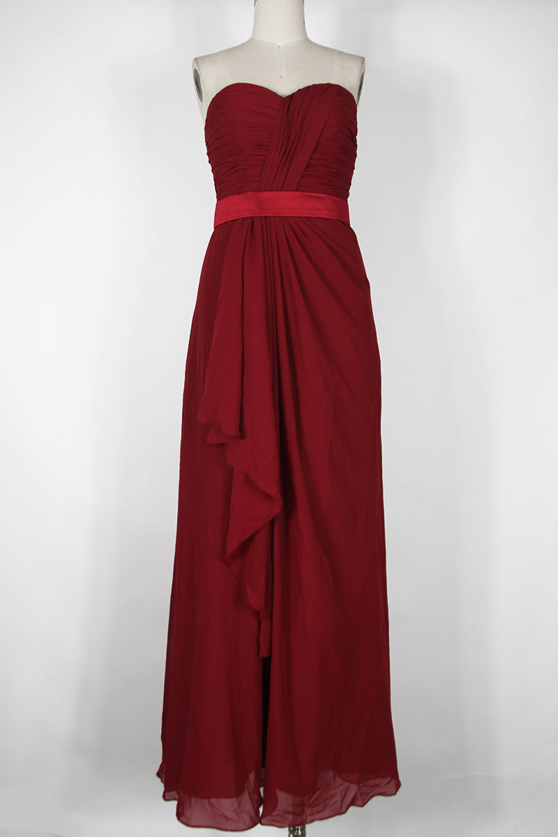 Simple Strapless Ruffles Chiffon Red Long Formal Bridesmaid Dress