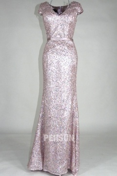 Gorgeous V Neck Pink Sequins Cap Sleeves Floor Length Formal Dress