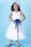 Cute Scoop Satin White Tea Length Flower Girl Dress With Blue Bow