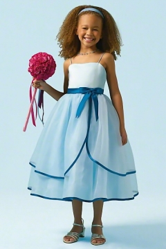 Chic Blue Ball Gown Tea Length Bow Spaghetti Straps Flower Girl Dress