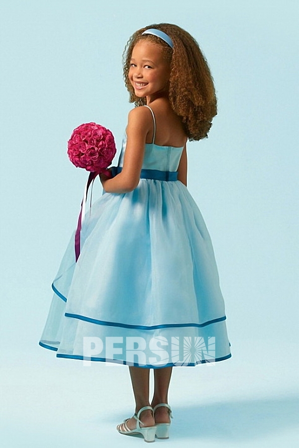 Chic Blue Ball Gown Tea Length Bow Spaghetti Straps Flower Girl Dress