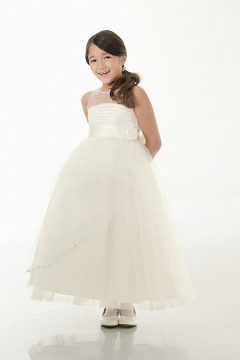 Modern Ivory Satin Ankle Length Princess Flower Girl Dress With Bow