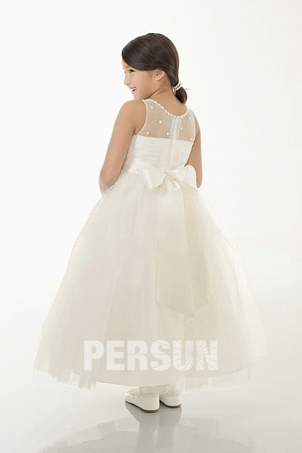 Modern Ivory Satin Ankle Length Princess Flower Girl Dress With Bow