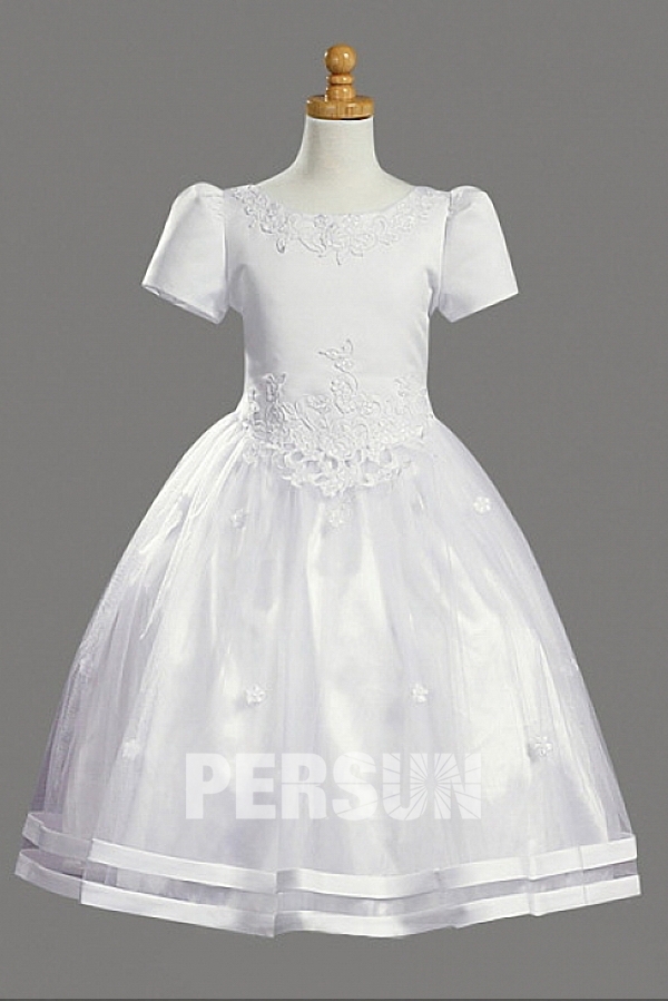 Chic Satin Princess Scoop Appliques Flower Girl Dress With Sleeves
