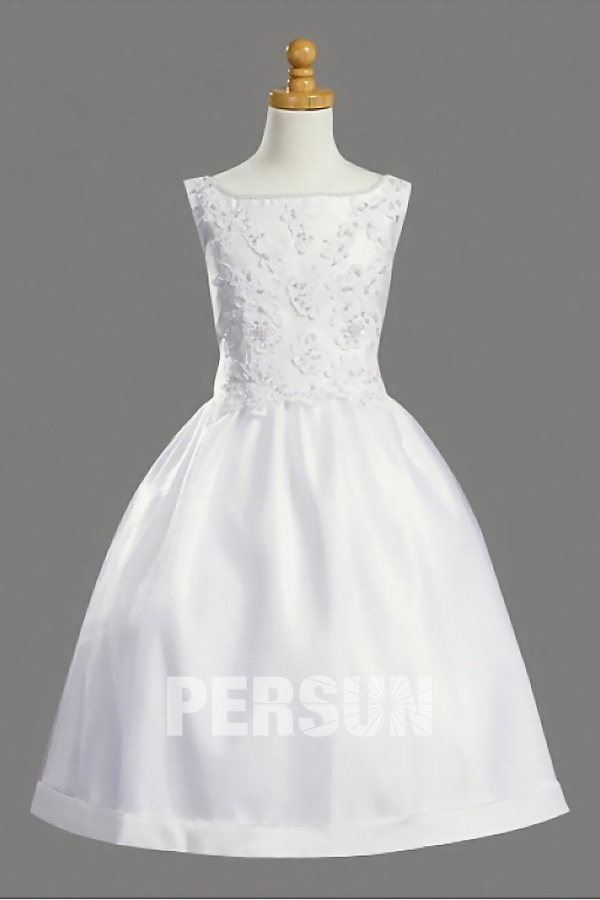 Modern White Bateau Princess Satin Knee Length Flower Girl Dress