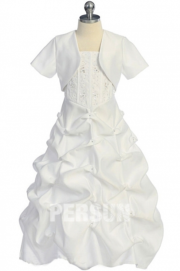 Gorgeous Ball Gown Tea Length Satin Beading Flower Girl Dress With Sleeves