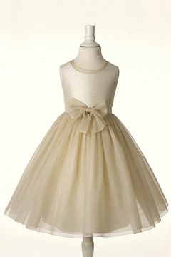 Chic Champagne A Line Scoop Knee Length Flower Girl Dress With Bow