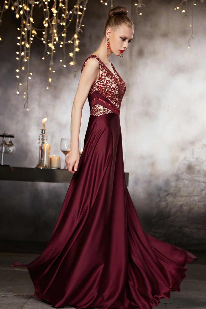 Sexy Red V neck A Line Floor Length Lace Evening Dress