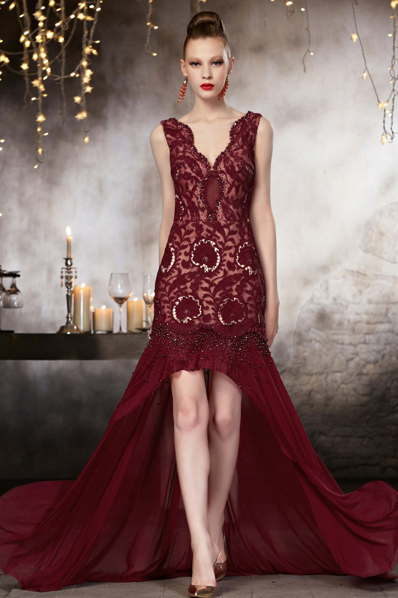 Sexy V neck Sweep A Line Backless Lace Evening Dress