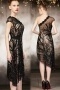 Black Sequins One Shoulder A line Lace Evening Dress
