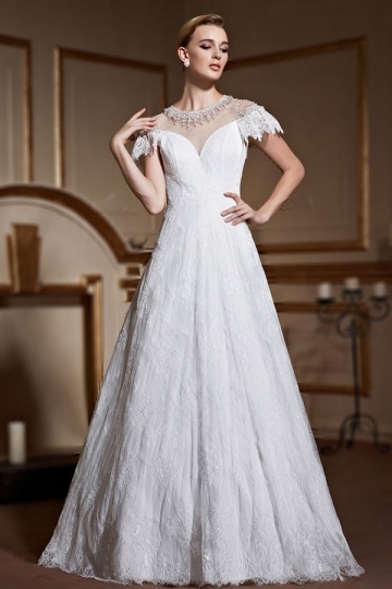 Dressesmall Elegant Short Sleeves A Line Ivory Lace Bridal Dress