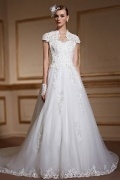 2016 Luxus A-Linie weiß Brautkleider aus Tüll mit Kapelle Schleppe
