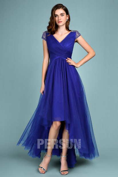 V-neck Royal Blue High Low Formal gown