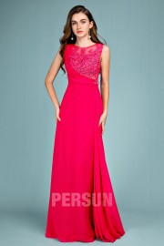 Elegant long cerise prom dress with lace appliques and beads