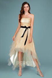 Champagne cocktail dress asymmetrical strapless with black belt