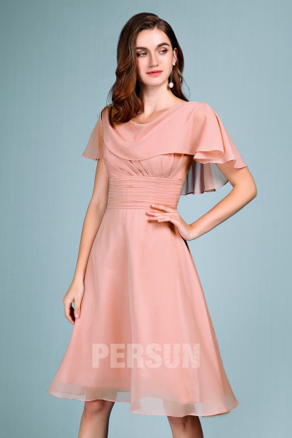 Short skin pink cocktail dress with pleated cape for bridesmaids