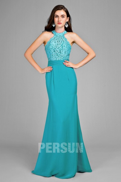  Blue mermaid prom dress with floral lace on top