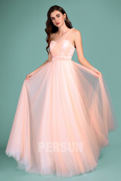 Elegant long peach tulle bridesmaid dress with convertible straps for wedding 2019