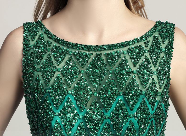 long green evening prom dresse top with beaded sequins
