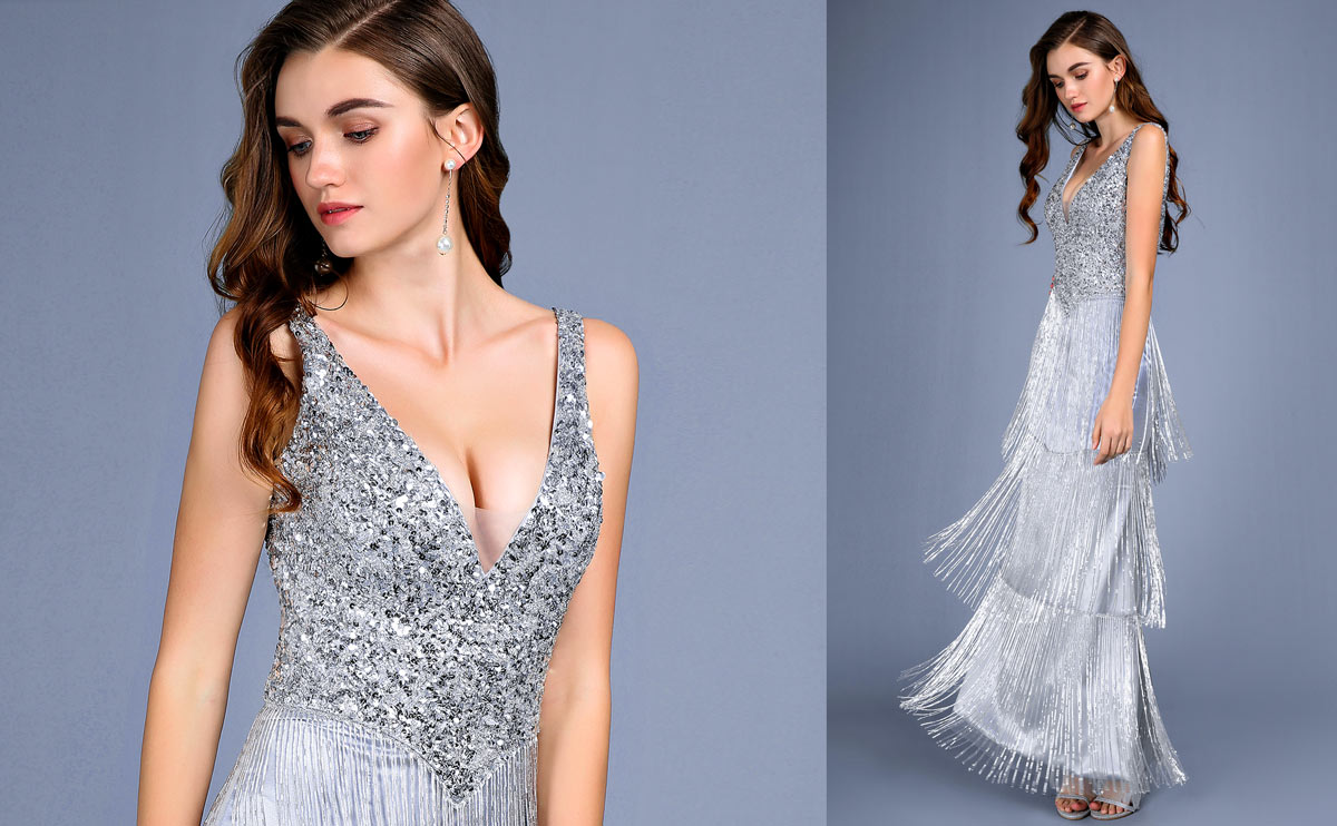 sexy evening ball dance dress sequin silver back plunge V and fringed beading skirt trend most popular women dress 2019
