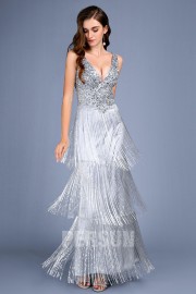 Sexy Silver Prom dress with beaded Plunge V bodice & beaded tassel skirt 2019