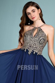 Navy blue evening dress with collar cut-out applied with guipure