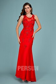 Red mermaid prom dress appliqued floral guipure
