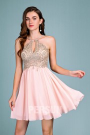 Sexy pastel pink cocktail dress with appliques on top