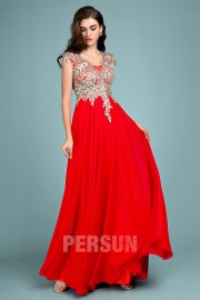 Long red prom dress 2019 embellished with golden guipure applique