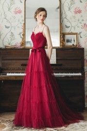 Elegant red prom dress tulle 2020 with velvet belt