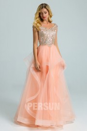 Romantic pink prom evening dress embroidery on top with fantasy skirt