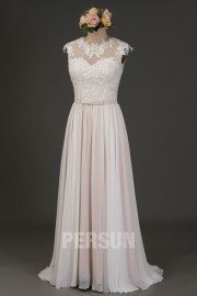 Lina : long Ivory wedding dress with pale pink lining & guipure on top