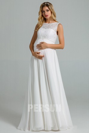 Chantal: Empire ivory maternity wedding dress with lace top